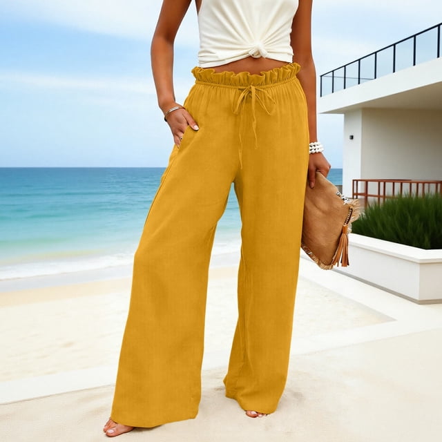 TaTaai Womens Casual Linen Wide Leg Trousers Solid Color Ruffle Trim Waistband Loose Fit Lightweight Breathable Comfy Pants For Spring Summer Fall Daily Outfits Gift