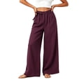 thumbnail image 3 of VBVC Women's Cotton Linen Side Drawstring Pants , High Waisted Wide Leg Trousers For Women , Ladies' Lightweight Pleated Bottoms with Pockets, Wine , M-3XL, 3 of 8