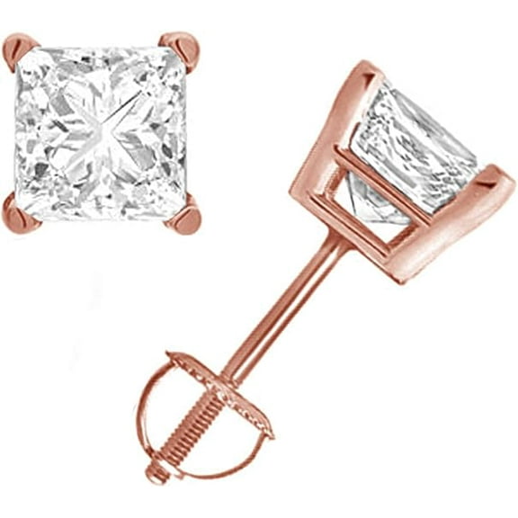 NYS Jewellrs 925 Sterling Silver 1.25 Ct Princess Cut White Diamond Screw Back Stud Earring's 14K Rose Gold Plated For Women's