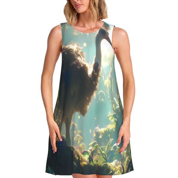 Disketp Majestic Ostrich In Forest para Vestido sin Mangas para Mujeres, Vestidos de Verano para Mujeres, Casual y Holgado para la Playa