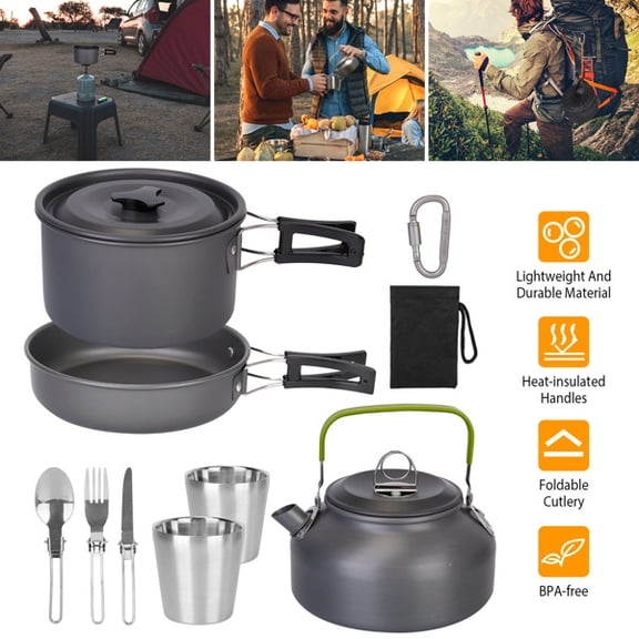 12Pcs Camping Cookware Set with Kettle, Pots, Pans & Cutlery – Lightweight Outdoor Hiking Cooking Kit