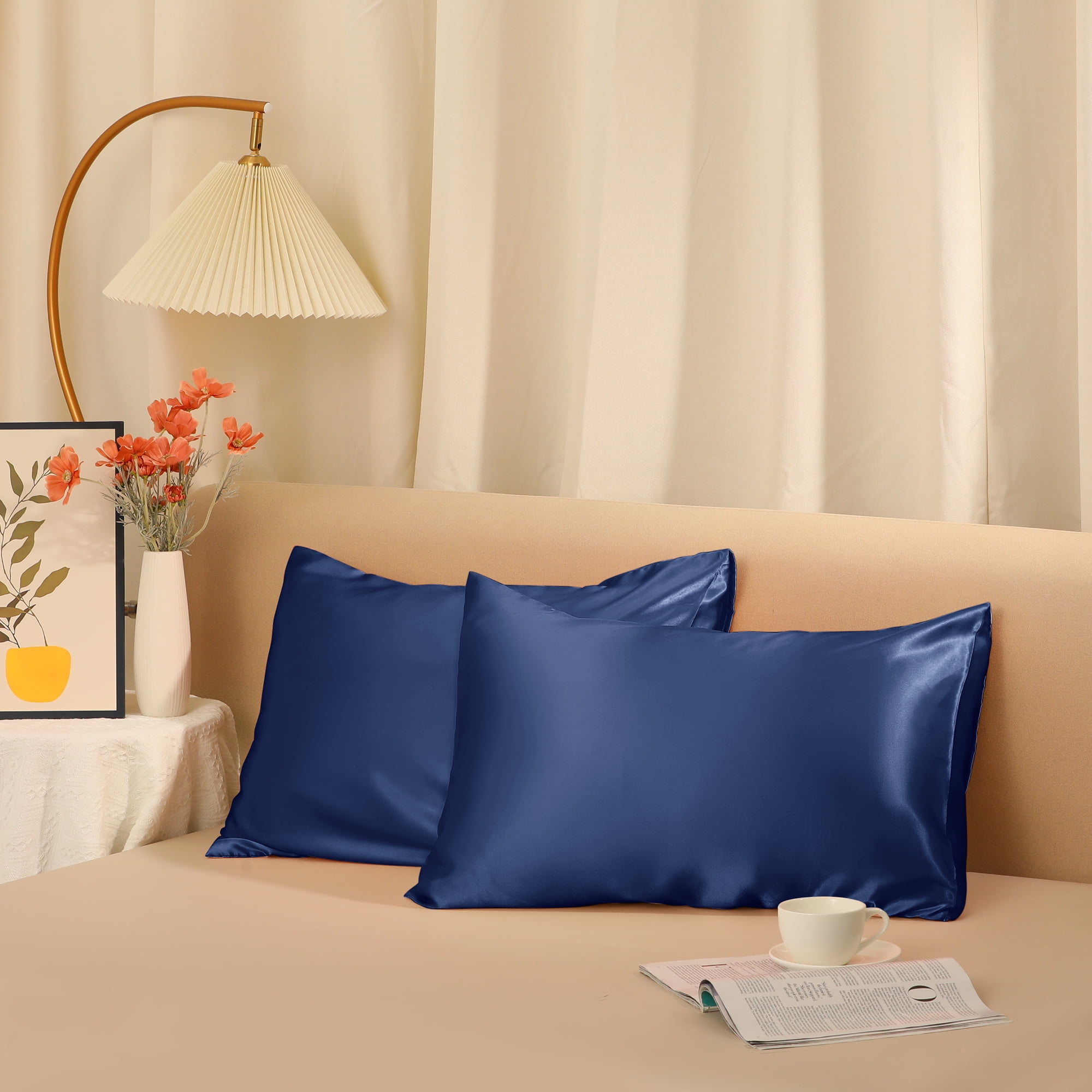 Unique Bargains Envelope Closure Breathable and Soft Satin Pillowcase (2 Count) Navy Blue King