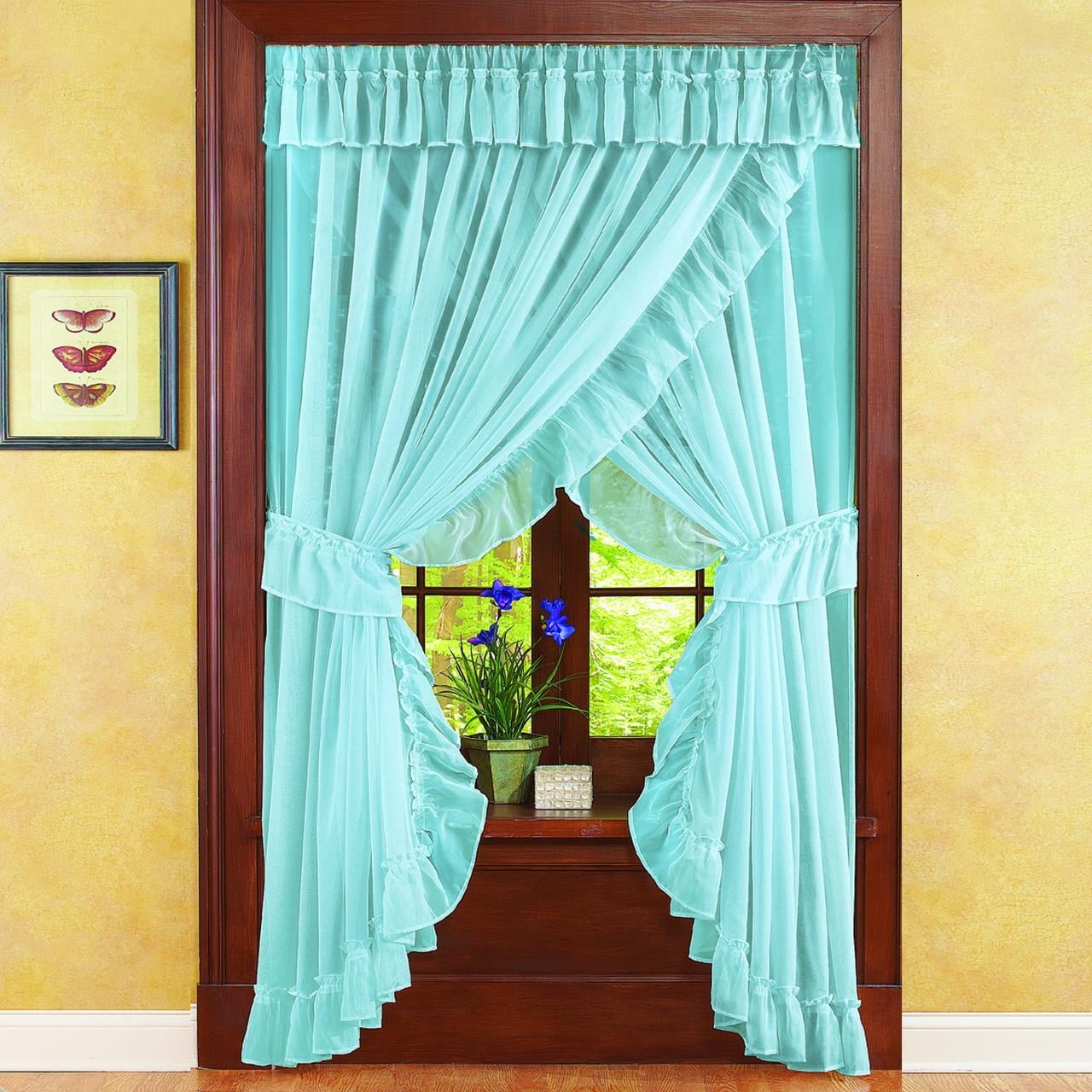 Collections Etc Isabella Ruffled Sheer Fabric Rod Pocket Window Curtain Set, Blue