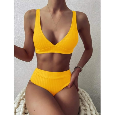 Underwire Swimwear for Women AXXD Striped Push Up High Cut Hight Waist Halter Bikini Set Two Piece Swimsuit For New Arrival Yellow 6