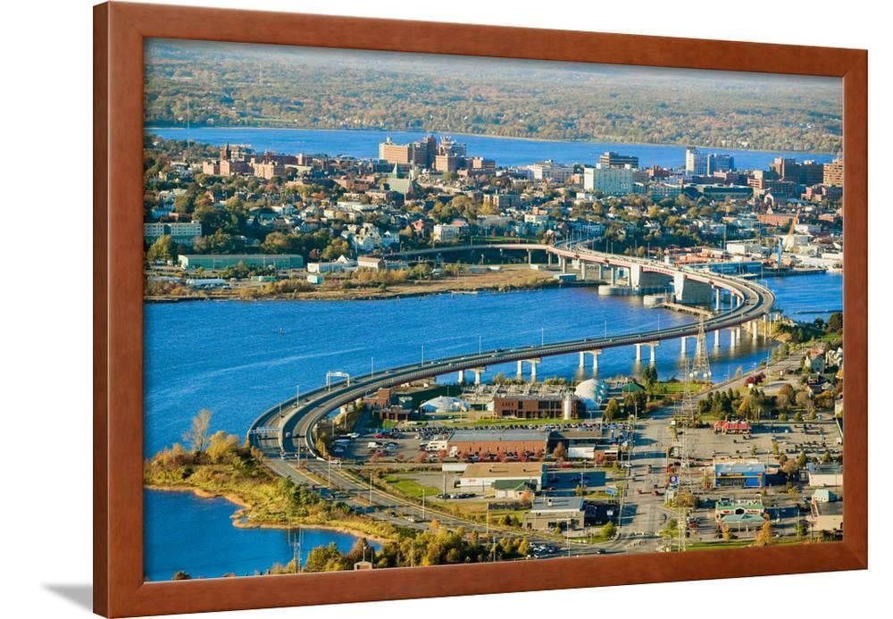 Aerial of downtown Portland, Maine showing Maine Medical Center, Commercial  street, Old Port, Ba, Scenic Framed Art Print Wall Art Sold by 