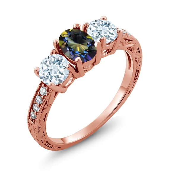 Gem Stone King 2.07 Ct Blue Mystic Topaz Sky Blue Aquamarine 18K Rose Gold Plated Silver Moissanite Ring (Size 8)