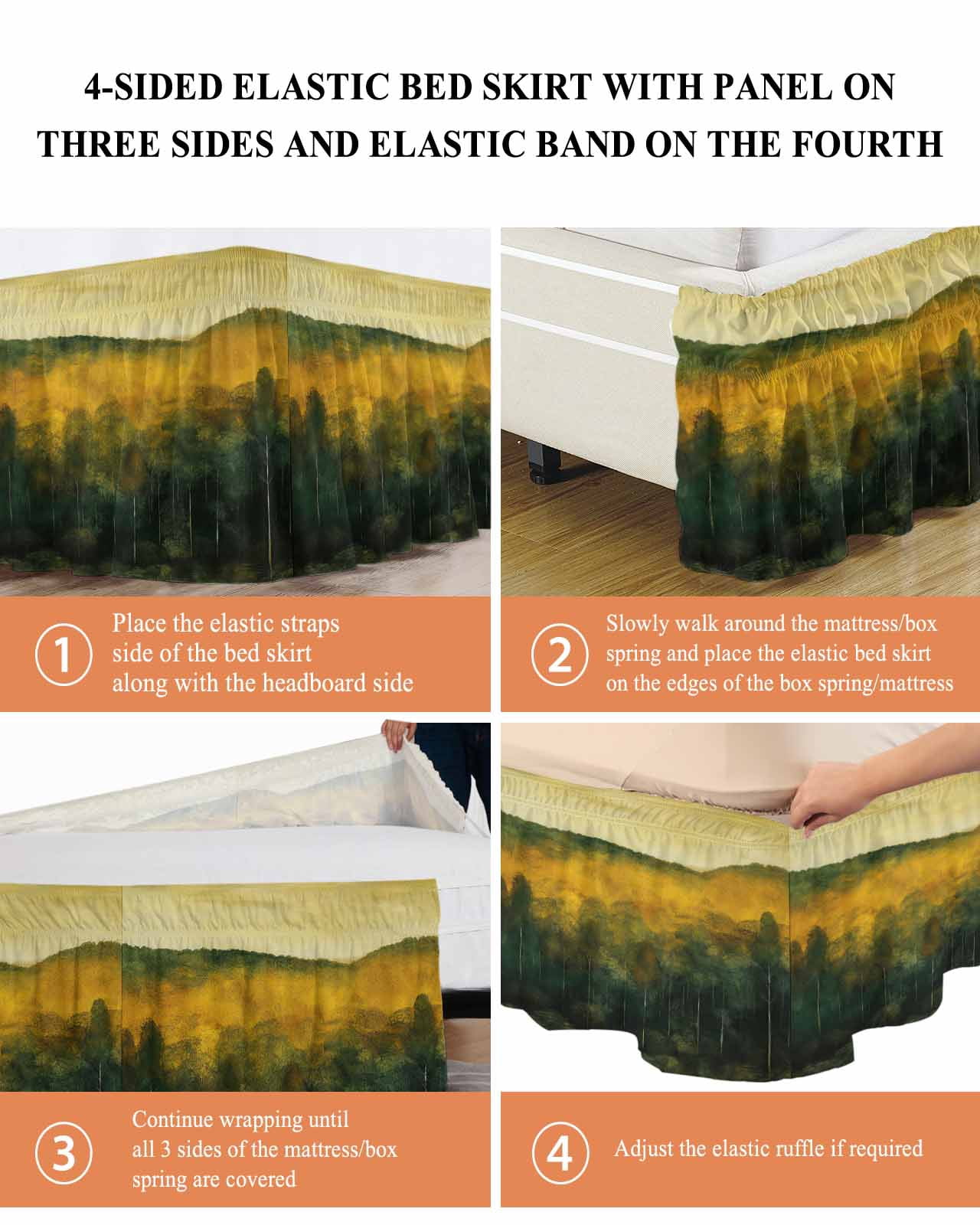 Green Yellow Forest Wrap Around Bed Skirts for King Bed 16" Drop, Bed Skirt with Adjustable Elastic Belt Dust Ruffle Bed Valance for Bedroom Hotel Luxury Oil Painting Landscape Bed Frame Cover