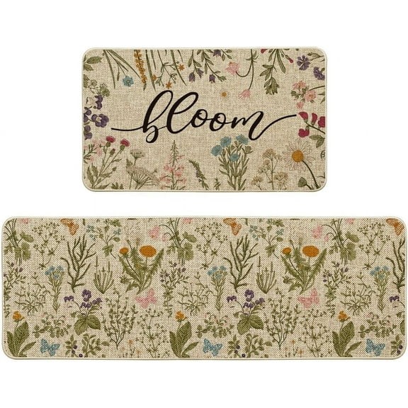 Wildflowers Floral Spring Kitchen Mats Set of 2, Home Decor Low-Profile Kitchen Rugs for Floor - 17x29 and 17x47 Inch