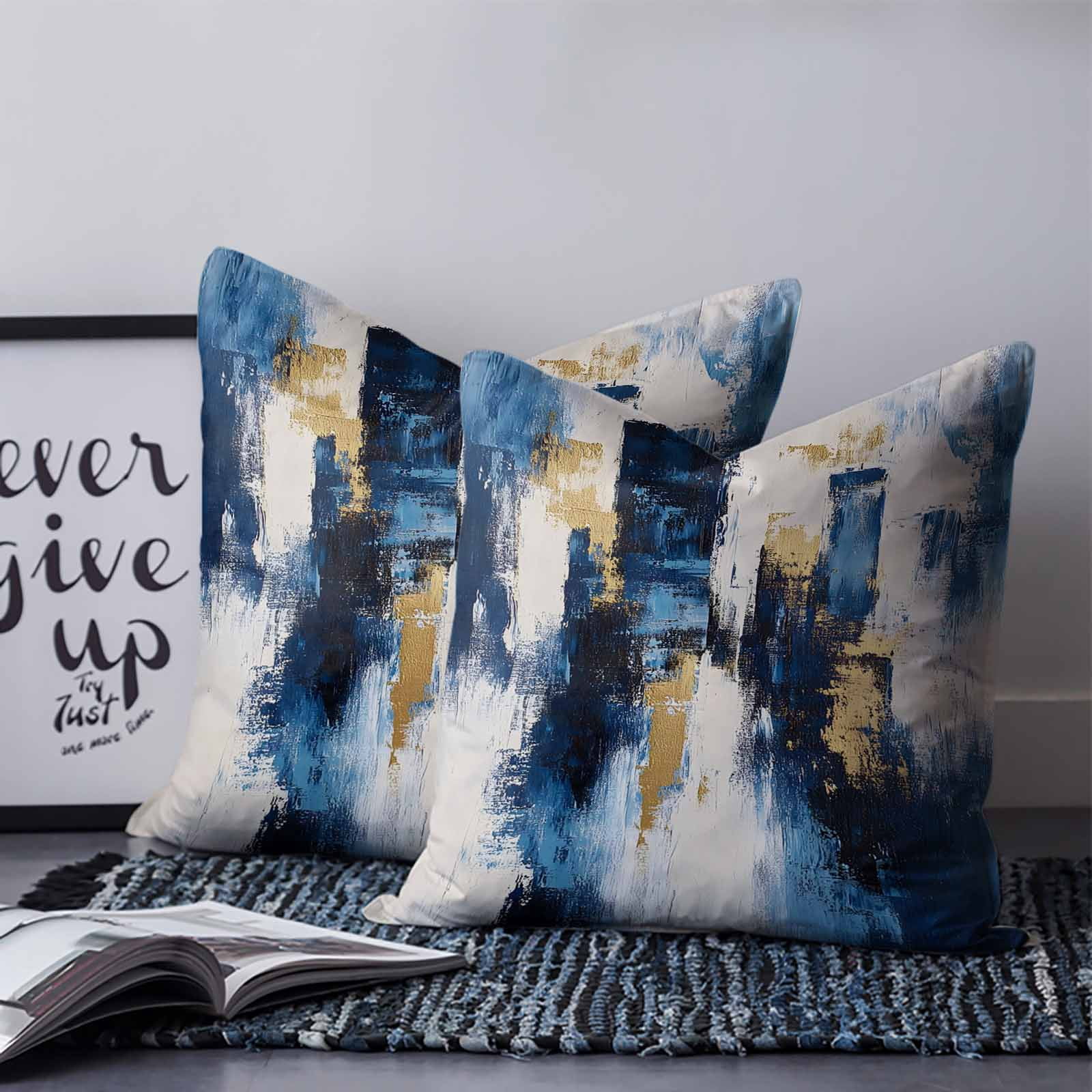 Pillow Covers 24x24 Set of 2, Rustic Blue Gold Throw Pillow Covers Decorative Couch Cushion Cover, Abstract Neutral Brush Strokes Artwork Microfiber Soft Square Pillowcases for Bedroom Sofa