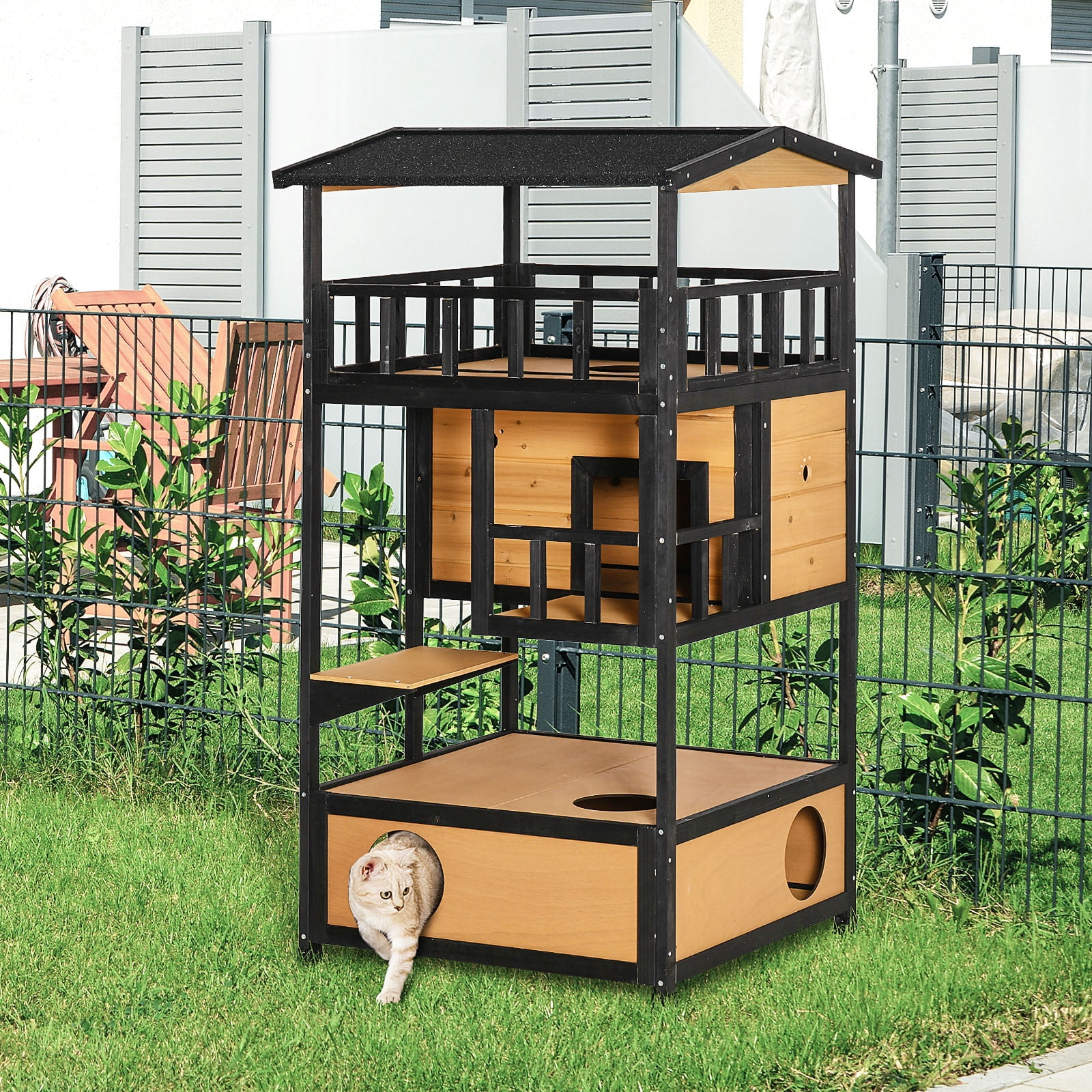 Wooden Outdoor Cat House, Feral Cat Shelter Kitten Tree with Asphalt Roof, Escape Doors, Condo, Jumping Platform, Yellow