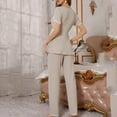thumbnail image 6 of cfhntfmh Womens Ribbed Knit Lounge Set Short Sleeve Top and Long Pants Pajamas V Neck 2 Piece Lace Trim Sleepwear（Beige,X-Large), 6 of 6