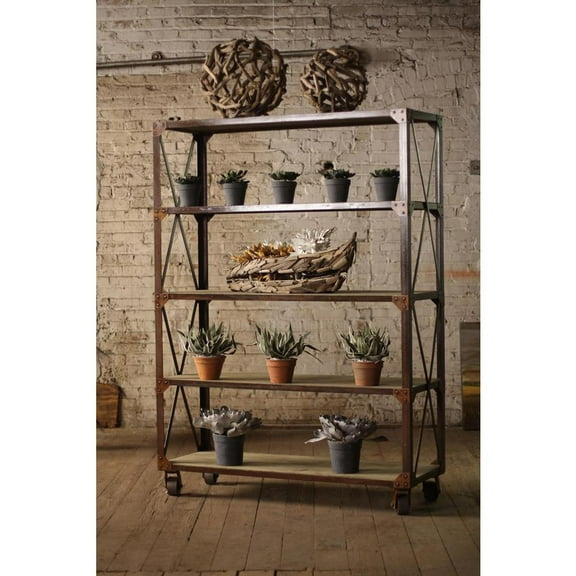 Kalalou Inc Large Iron & Wood Display W Five Shelves & Iron Casters