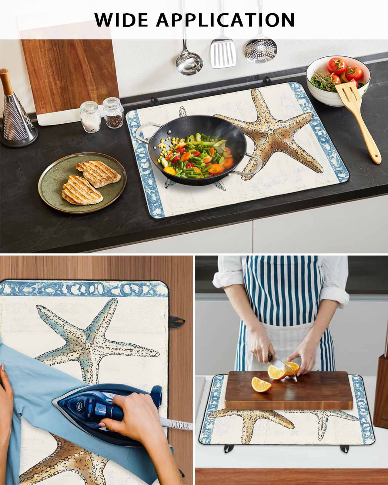 nqOlkjepod Large Induction Cooktop Protector Mat 24"x21", Blue Beige Coastal Beach Stove Top Covers for Electric Stove, Summer Vintage Starfish Stove Burner Cover Mats, Glass Top Stove Cover