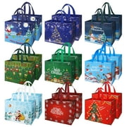 Taihexin 18 Pcs Christmas Large Tote Bags with Handles, Reusable Gift Bag, Non-Woven Grocery Shopping Bag, Retro Red Green Waterproof Goodie Treat Bag for Holiday Christmas Party