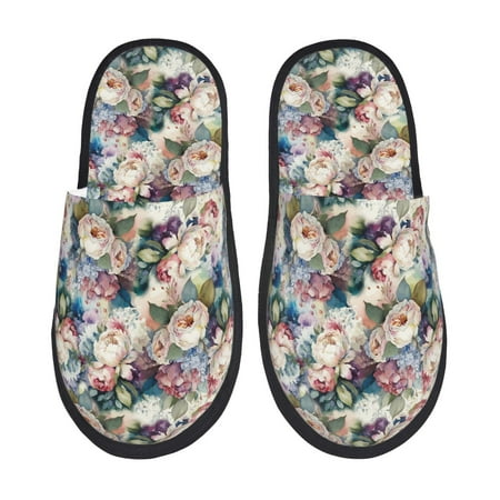 Balery Colorful Flowers Slient Indoor Furry Fleece Comfort House Shoes Soft Non-Slip Home Shoes Cotton slippers House Slippers-- Medium