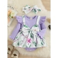 thumbnail image 4 of Blotona Infant Baby Girls Romper Dress Floral Print Knitted Ribbed Patchwork Round Neck Long Fly Sleeve Skirt Hem Jumpsuits with Headband, 4 of 8