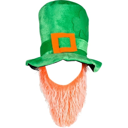 Large Green Plush Leprechaun Top Hat With Orange / White Beard Costume Accessory