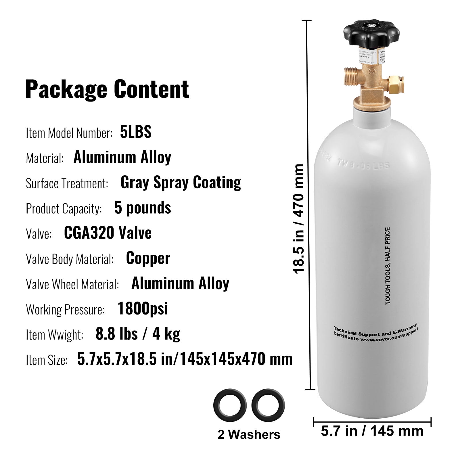 VEVOR 5 lbs CO2 Tank Aluminum Gas Cylinder with CGA320 Valve For Draft Soda Beer