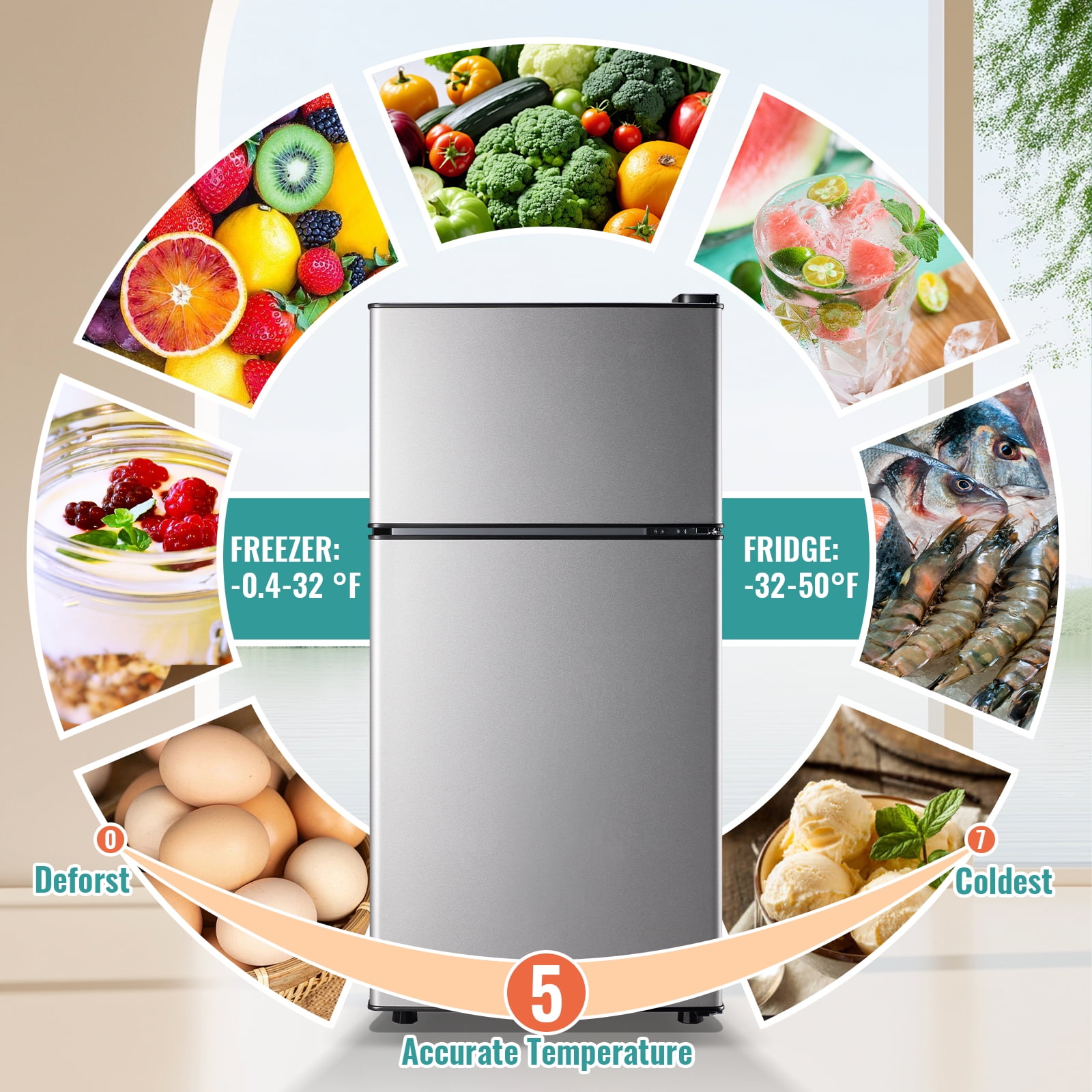 TACOOL Refrigerator with Top Freezer 2.4Cu.ft Two Door Small Mini Fridge for Person Use with Egg Tray, Silver