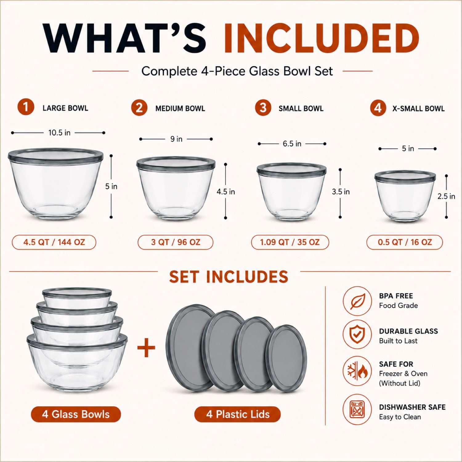 Sorbus 4-Piece Glass Mixing Bowl Set with Lids, Assorted Sizes, Nesting, BPA-Free, Microwave Safe
