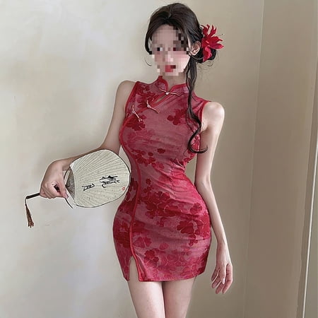 Purely desirable style modified cheongsam with floral pattern, buttoned, off-shoulder dress for women, summer, petite, waist-cinching, hip-hugging, slit ultra-short dress