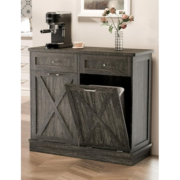 Farmhouse Style Kitchen Trash Cabinet, Double Tilt Out Trash Can Cabinet with Barn Door, Solid Wood Tabletop, Pet Proof, Odor Blocking, Laundry Cabinet Keep Clean(Oak Grey)