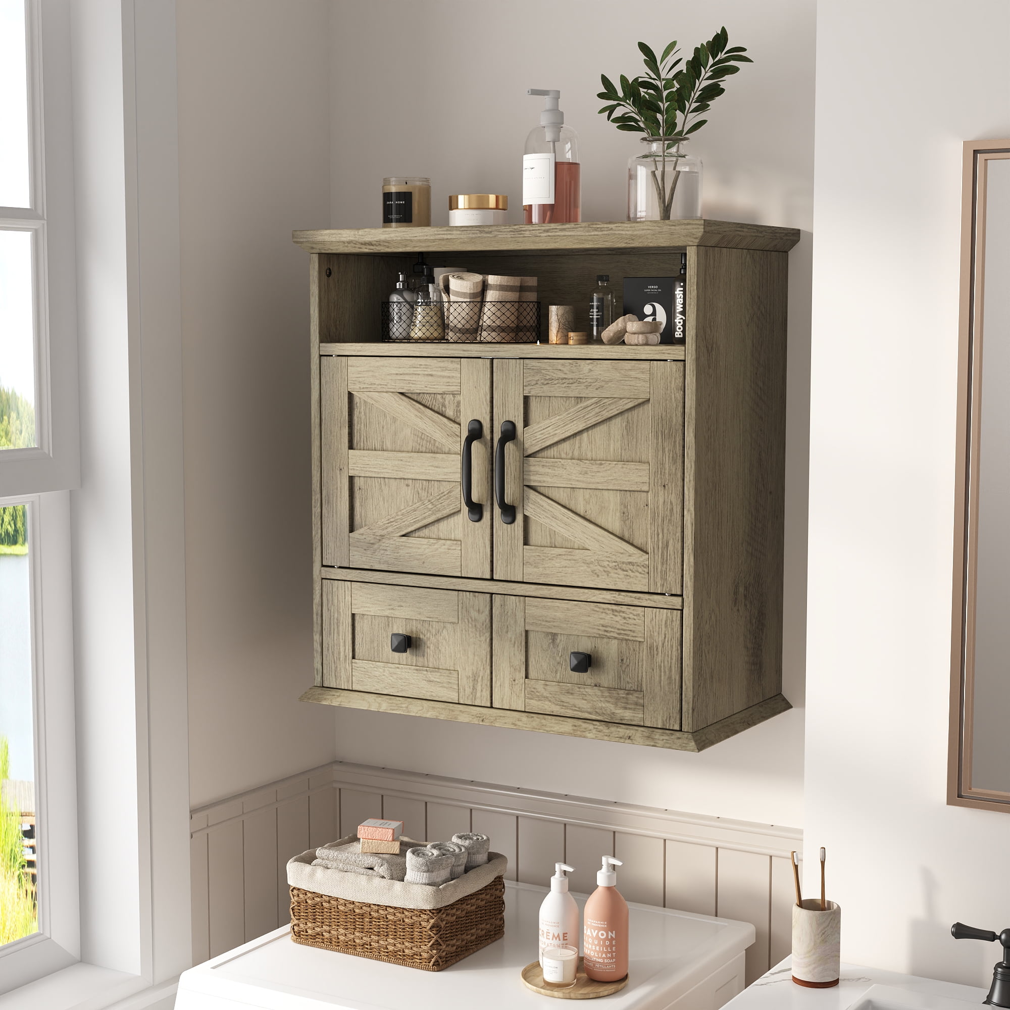 Farmhouse Wall Mounted Bathroom Cabinet with Barn Doors, Over Toilet Storage Cabinet with 2 Drawers and Adjustable Shelves, Rustic Bathroom Storage Organizer, Gray-brown
