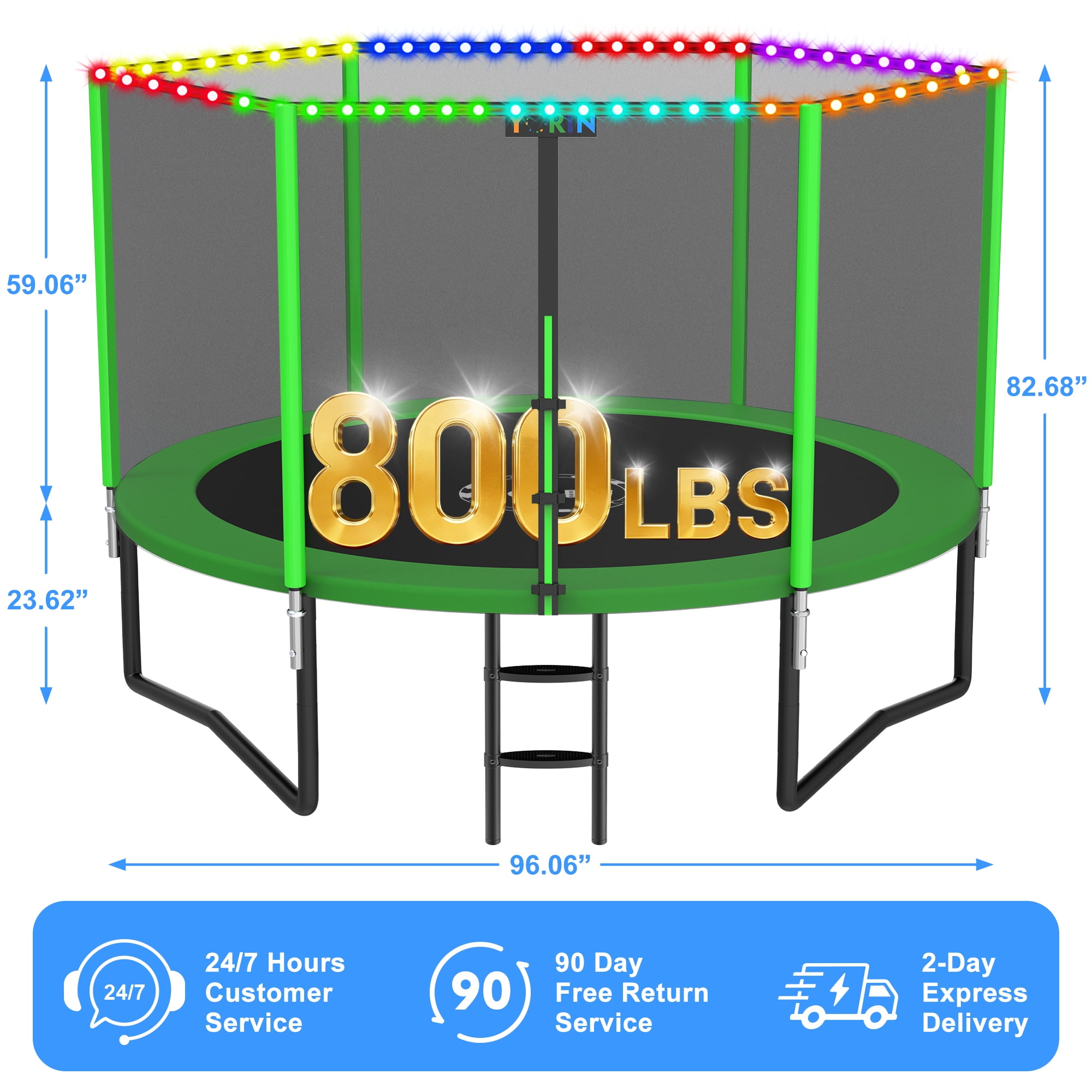 YORIN 8FT 10FT 12FT 14FT Trampoline with Enclusore Net, Sprinkler & LED Lights, 800LBS Capacity Outdoor Trampoline for 2–3 Kids, Safety Enclosure Net, Ladder, Heavy-Duty Backyard Round Trampoline