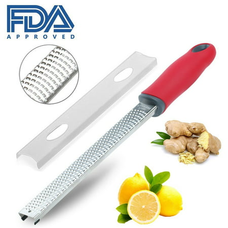 Stainless Steel Zester and Grater, Cheese, Lemon, Ginger, Potato & Citrus Grater Zester with Plastic Cover, Long Ergonomic Handle, Red,