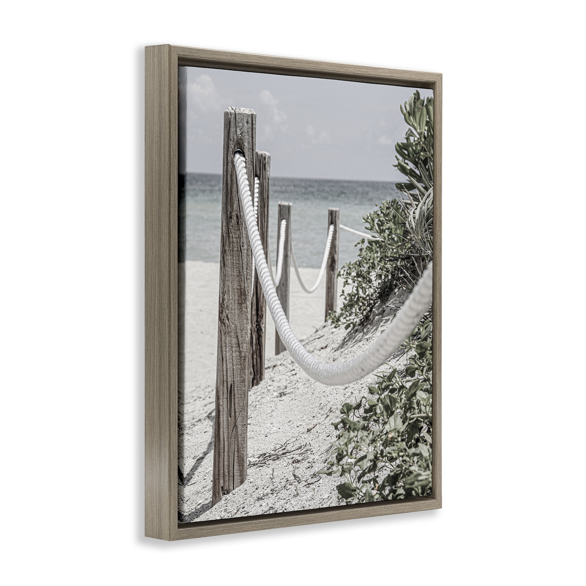 Stupell Industries Rope Fence Beach Landscape Photography Brown Floater Framed Canvas Art Print Wall Art, 25 x 31