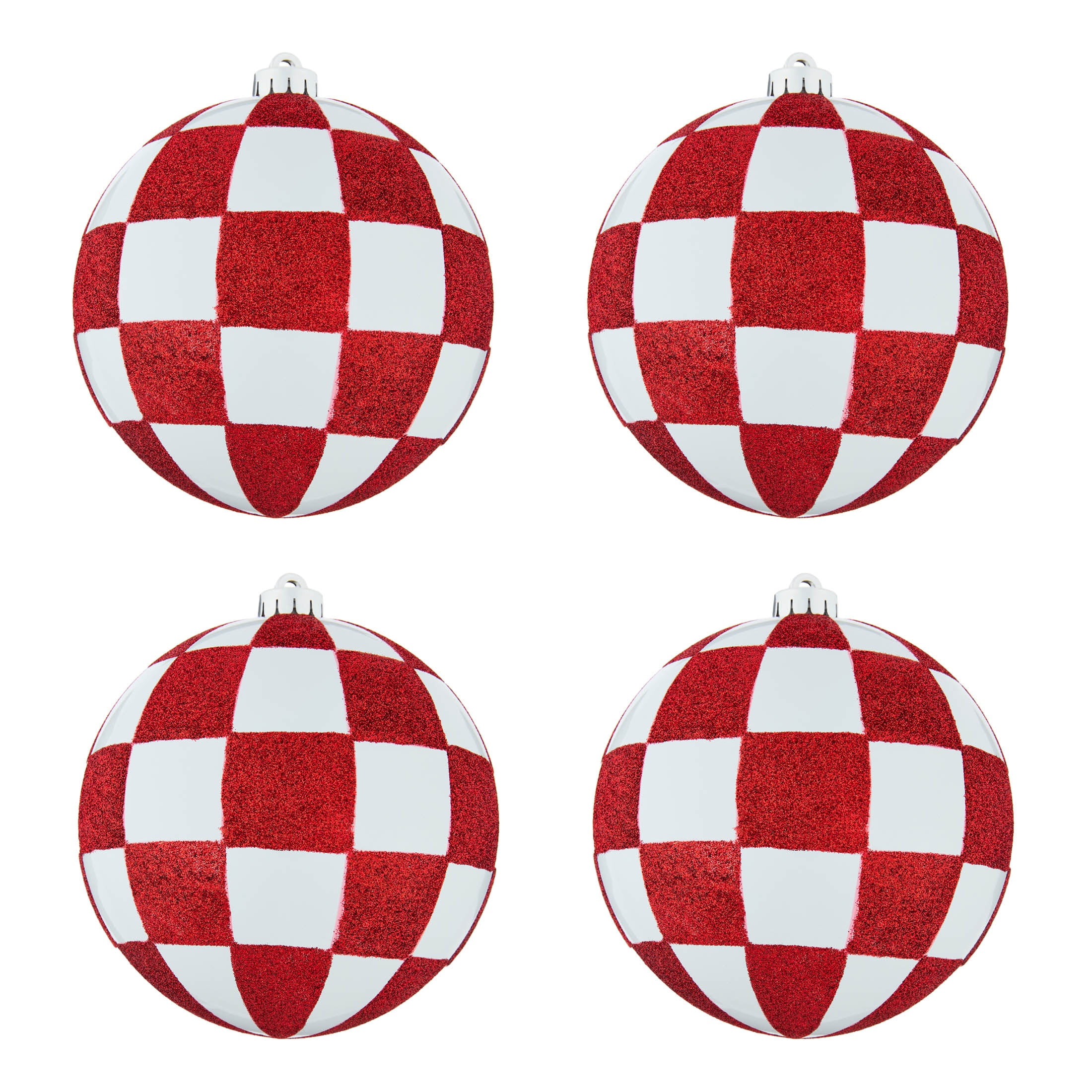 4-Count Red and White Checkered Ball Shatterproof Christmas Ornaments, 6.8", by Holiday Time