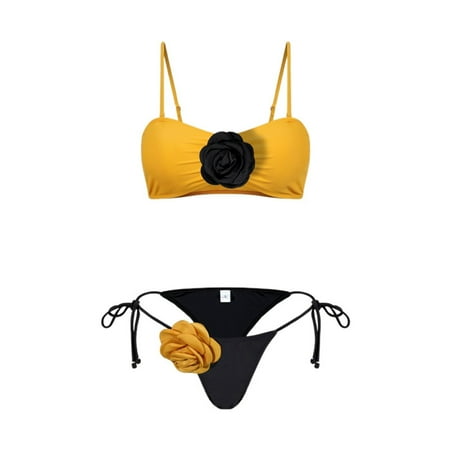 JIANJIA Womens Swimsuits Solid Color Floral Spaghetti Strap Backless Brassiere With Thongs Split Swimsuit Two Piece Bikinis Swimwears Bathing Suits Yellow M
