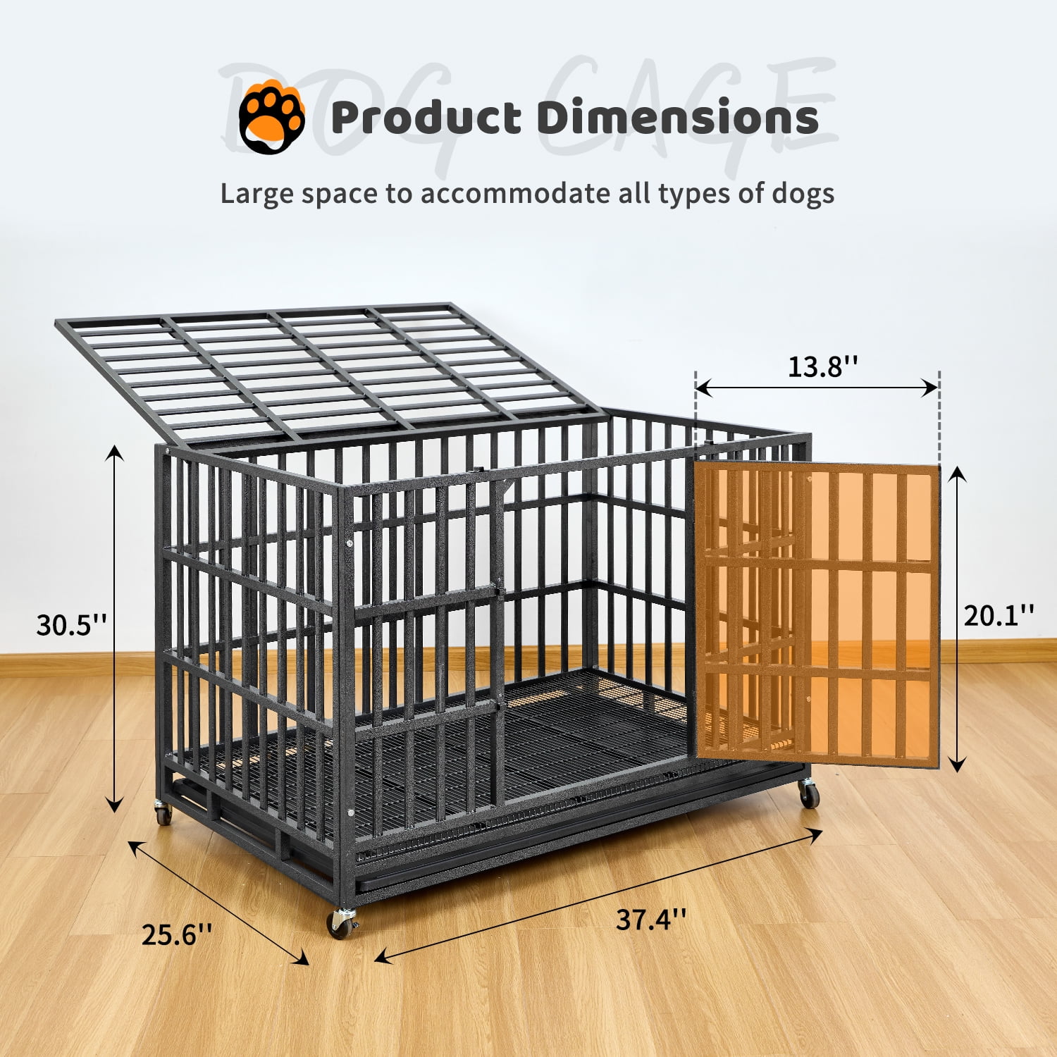 TIME RAY 38 in Heavy Duty Indestructible Dog Crate Steel Escape Proof Dog Cage Kennel for Medium Large Dogs Indoor Double Door High Anxiety Dog Crate with Wheels, Lock& Removable Tray, Black