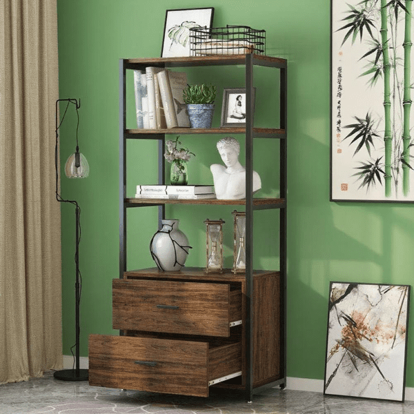 4-Tier Bookcase with 2-Drawer Storage, 35lbs/Shelf, Eco-Laminated Particle Board + Steel Frame, Multi-Functional for Home, Office