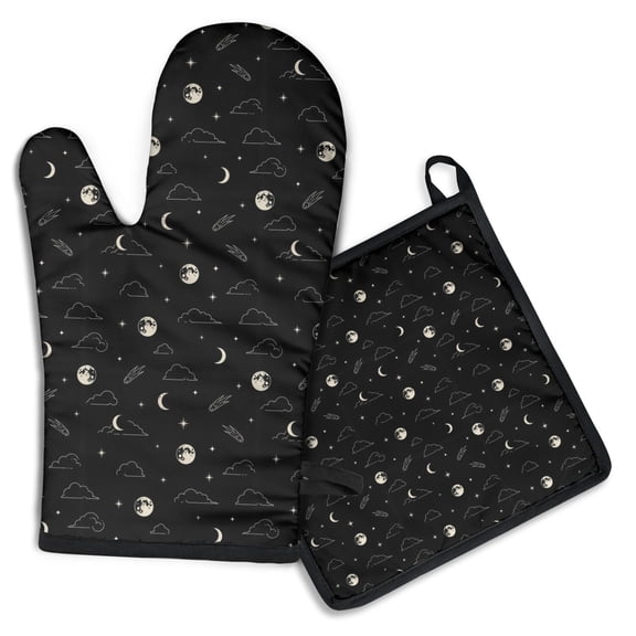 Black Night Sky Pattern Kitchen Oven Mitt and Pot Holder Sets 2 Pcs for Baking, Cooking and Grilling, Heat Resistant Up To 392 °F