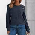 thumbnail image 2 of Trendy Tops for Women with Buttons Ribbed Knit Sweater Hollow-Out Lace Raglan Long Sleeve Crewneck Plain Pullover (M, Navy), 2 of 6