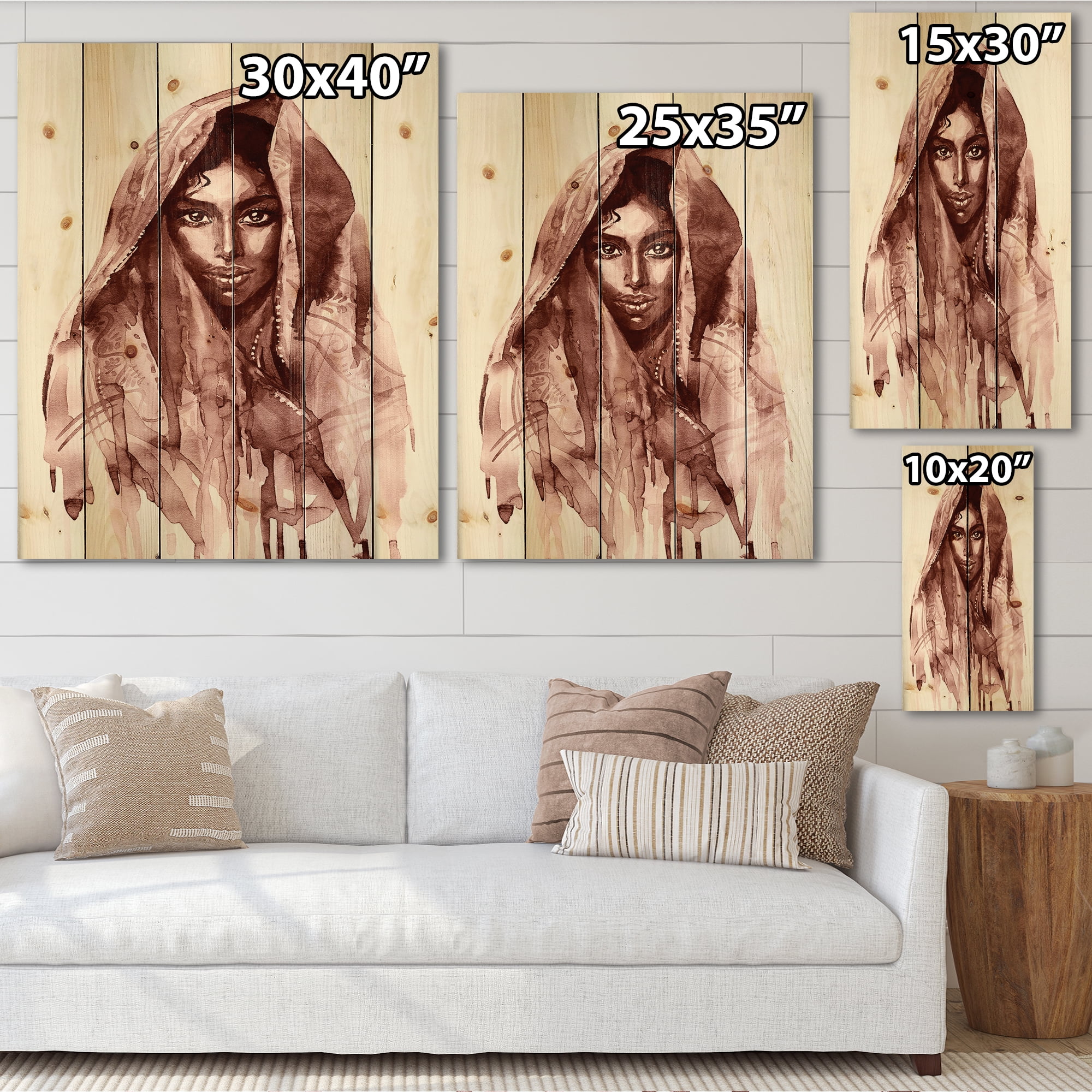 Designart 'Black and White Portrait of Young Indian Woman II' Modern Print on Natural Pine Wood