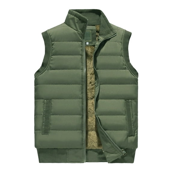 Men's Casual Solid Color Vest - Stand-up Collar Zip-up Fleece-lined Warm Sleeveless Jacket, Army Green, Size L