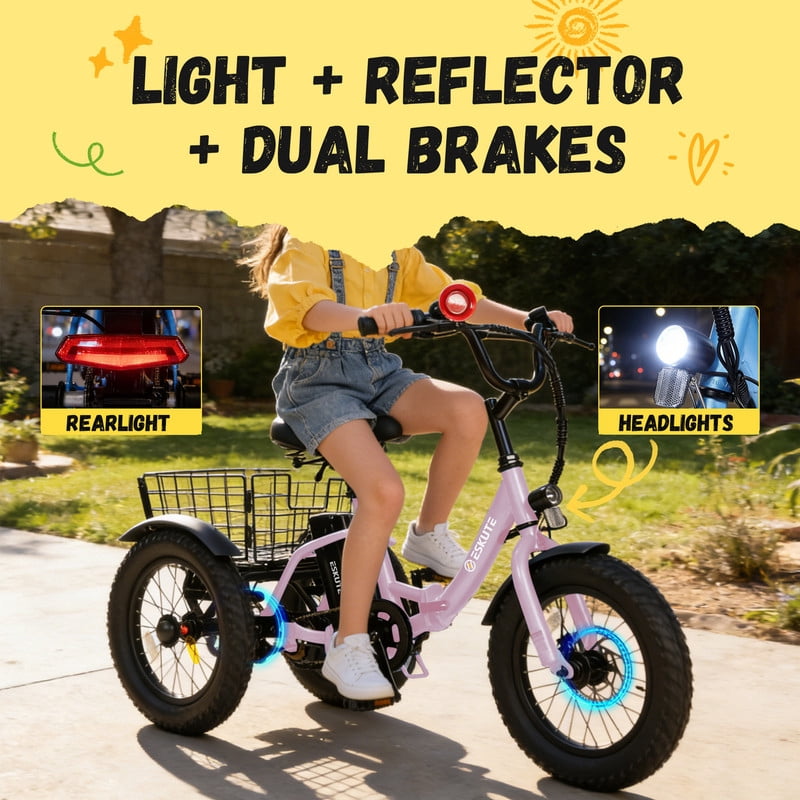ESKUTE T300mini Electric Tricycle for Beginners, 16" x 3.0 Fat Tire Folding 3-Wheel E-Bike, 500W Peak Motor, 302Wh Battery, Step-Thru, 12.5 MPH, Pink with Lock，Phonebag and mirror, UL2849