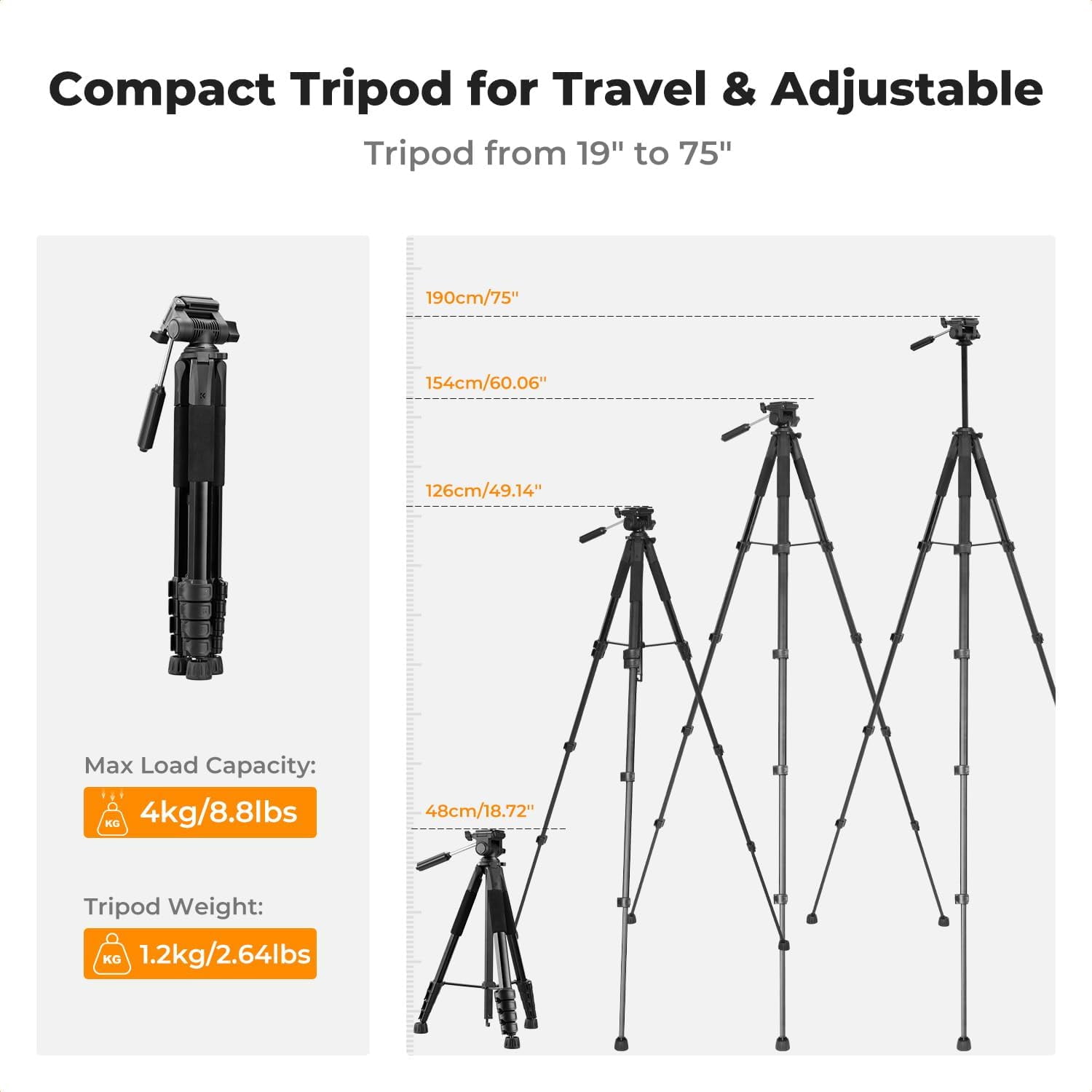 K&F CONCEPT 75" Lightweight Camera Tripod, Portable Travel Outdoor DSLR Tripods with Remote and Phone Holder, Cellphone Clip for Smartphone Live Streaming Vlog, Black