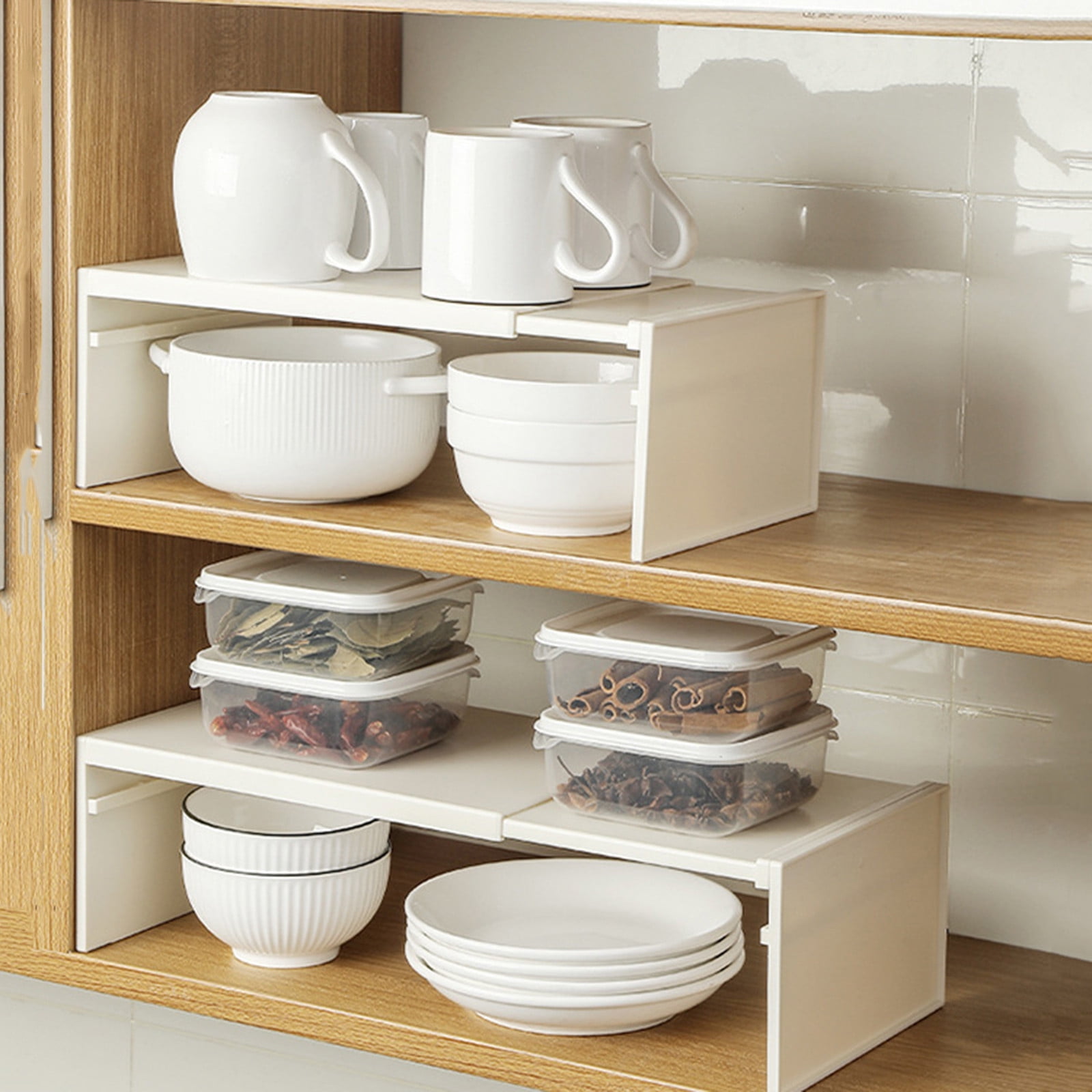 Bxaolu Cabinet Shelf Expandable 4.94" Height Organizer Riser for Kitchen Cabinet Pantry Cupboard Under Sink Countertop Organization Storage Space Saver Stackable Heavy Duty Plastic Shelf, White