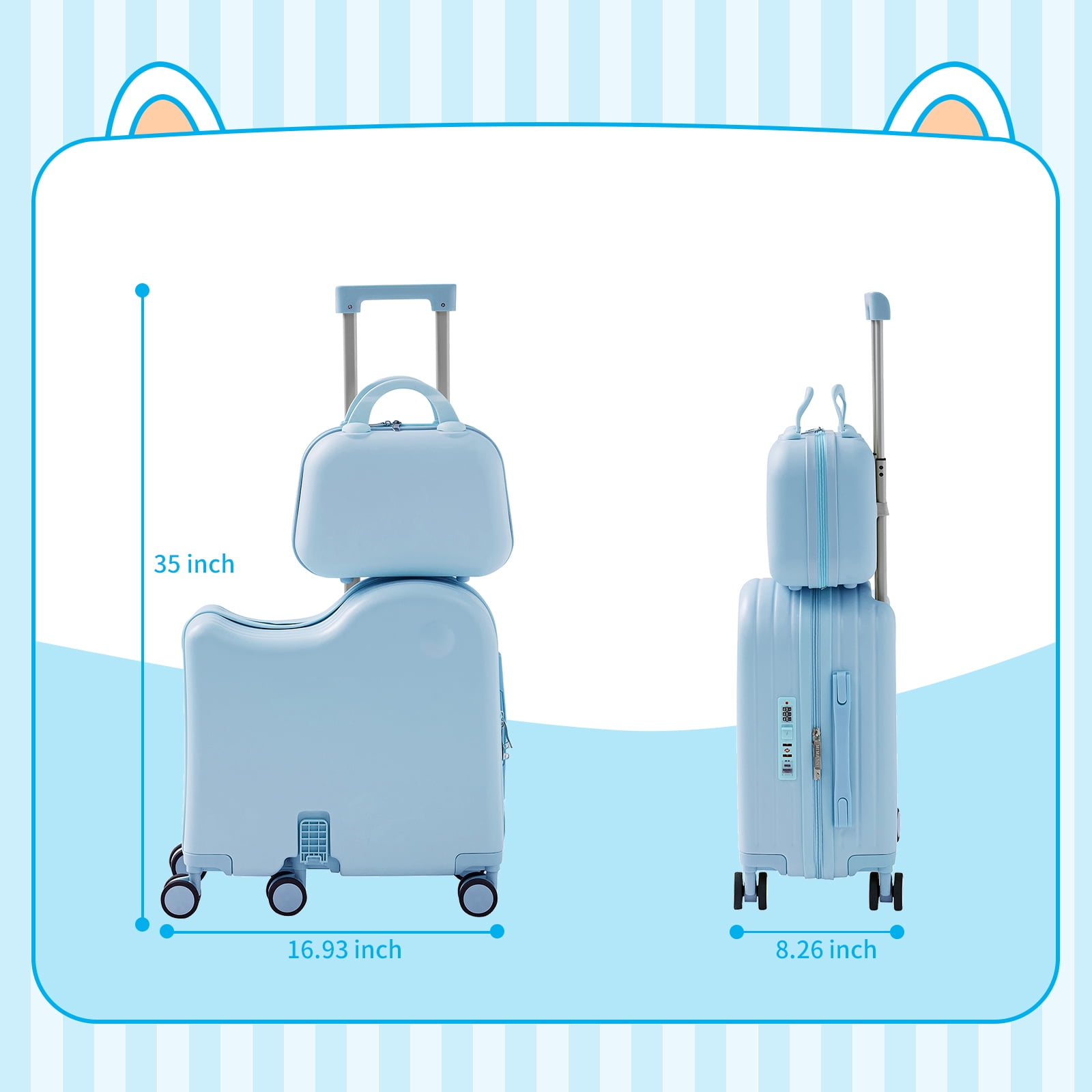 TABU Ride on Luggage with Handbag for Kids , Hardshell Carry on Suitcase with 6-Wheels,Hidden Cup Holder,Foldable Pedal,Blue