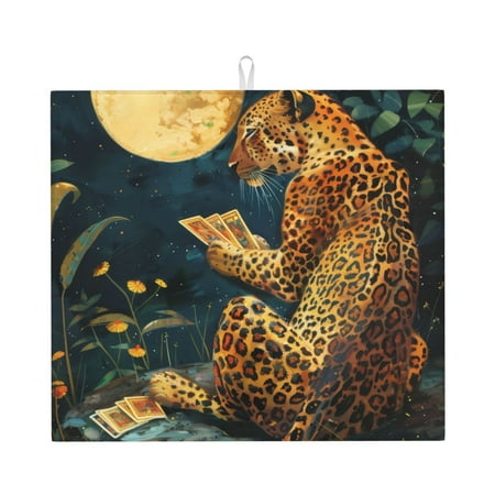 

Pofeuu Leopard Reading Tarot Cards Print Ultra Water Absorbent Microfiber Dish Drying Mat Drying Mat for Kitchen Kitchen Counter Accessories