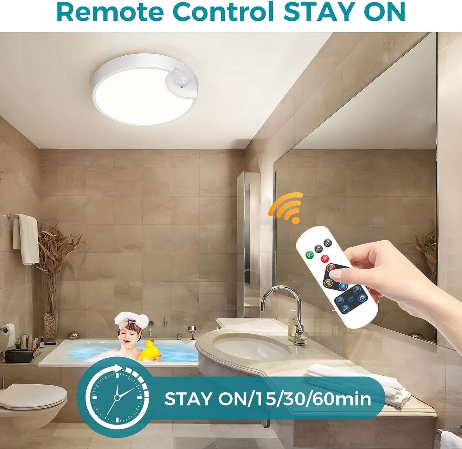 Rechargeable Motion Sensor Ceiling Light with Remote - Battery Powered for Closets, Shower, Stairs, Shed, Hallway