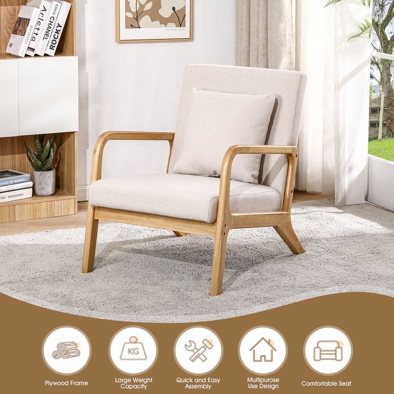 Kingfun Linen Accent Chairs Set Of 2 - Midcentury Modern Armchairs For Living Room, Cream Beige, Tufted