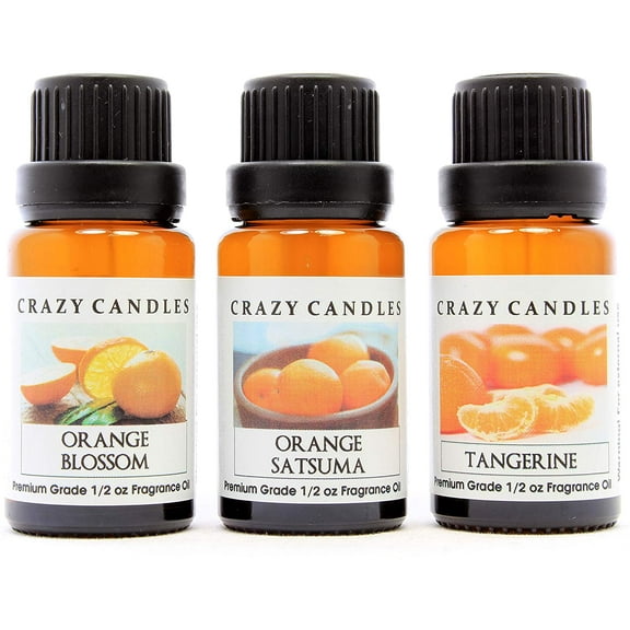 Crazy Candles 3 Bottles Set (Made in USA) 1 Orange Satsuma, 1 Orange Blossom, 1 Tangerine 1/2 fl oz Each (15ml) Premium Grade Scented Fragrance Oils