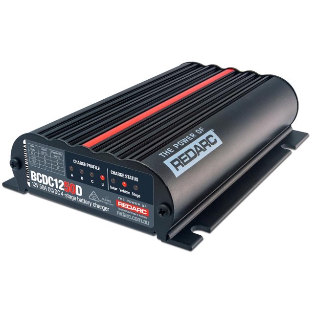 Redarc Battery Charger BCDC1250D For 12/24 Volt Vehicle Systems; Charges From Solar And Alternator; 55 Amp Maximum Input/50 Amp Continuous Output Current; 750 Watt Output Power