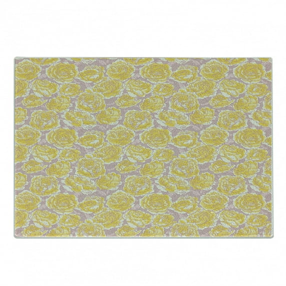Flower Cutting Board, Hand Drawn Romantic Yellow Roses Blooming in Spring Season Floral Arrangement, Decorative Tempered Glass Cutting and Serving Board, Small Size, Yellow Blush, by Ambesonne