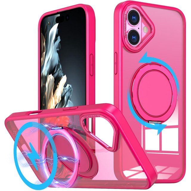 KOMI Étui Anneau Magnétique pour iPhone 16 Plus, Compatible avec MagSafe avec Support Anneau à 360°, Étui de Protection Antichoc pour iPhone 16 Plus Rose