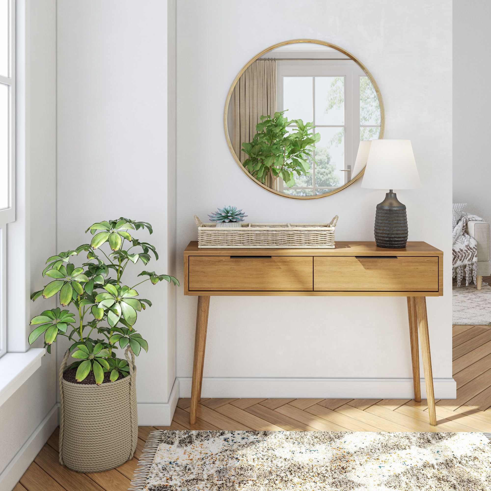 Plank+Beam 46" Mid Century Modern Console Table with Storage Shelves, Entryway Table with Storage, Foyer Tables for Entryway, Console Table, Pecan